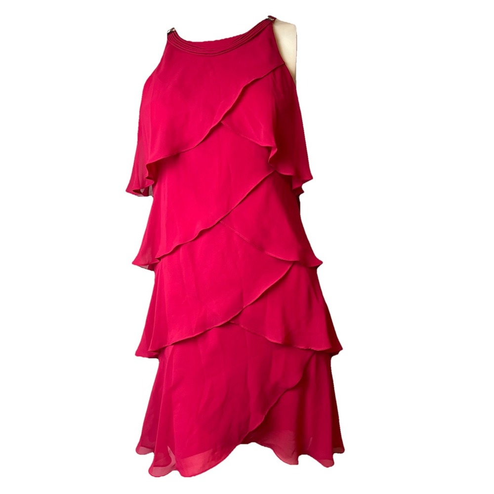 SL Fashions Sleeveless Tulip Tier Chiffon Dress Women's Carnation 10 Petite NWT